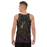 Man wearing Warhol Dreams pop art inspired tank top in urban setting.